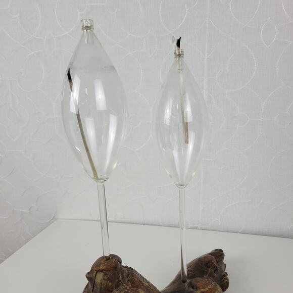 Vintage Burl Root Oil Candle Lamp Glass Lantern Wood Base Retro MCM Decor - Picture 5 of 16